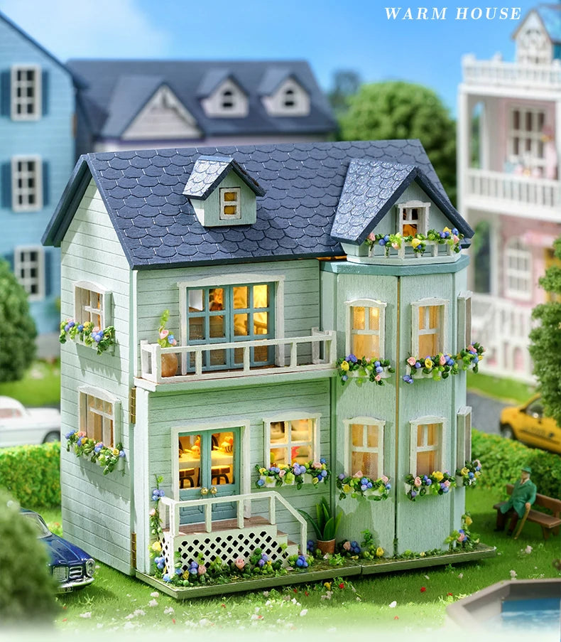 Mini casa de bonecas de madeira faça você mesmo com móveis leves