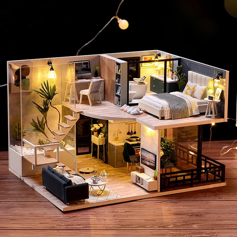 Kit de casa de bonecas 3D de madeira, mini casa de bonecas