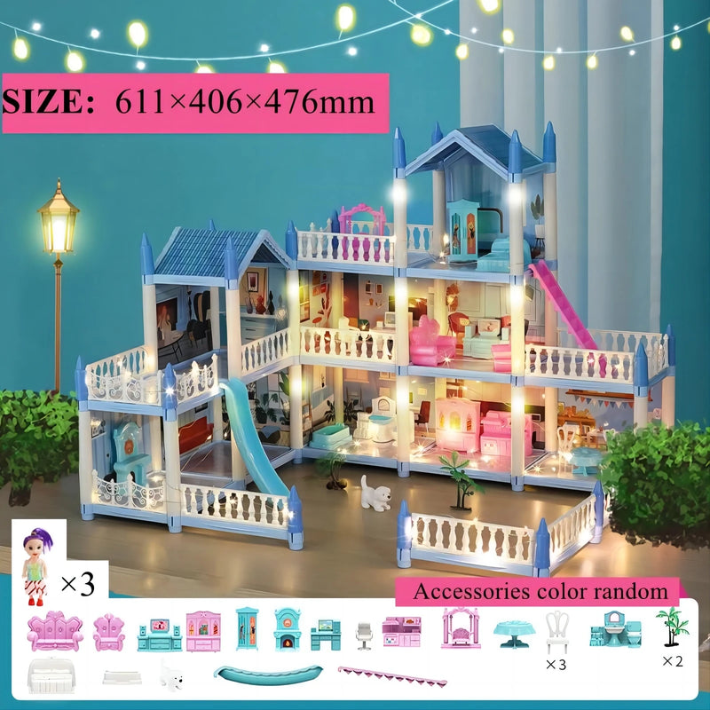 Casa de bonecas com música infantil, conjunto de montagem de vila, casa de bonecas 3D