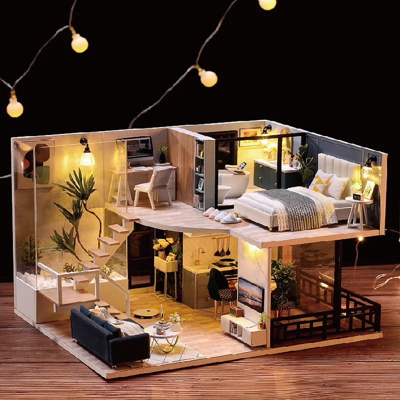 Kit de casa de bonecas 3D de madeira, mini casa de bonecas