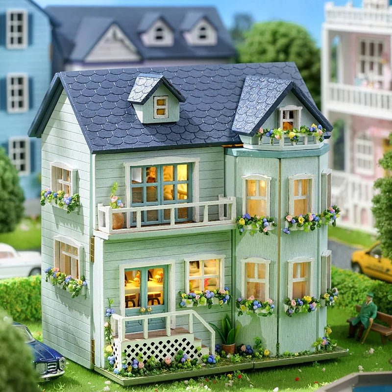 Mini casa de bonecas de madeira faça você mesmo com móveis leves