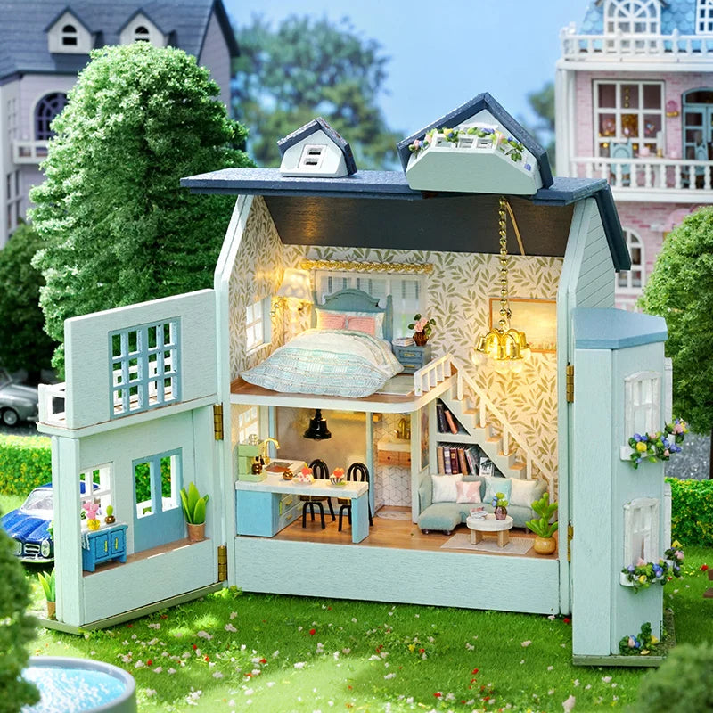 Mini casa de bonecas de madeira faça você mesmo com móveis leves