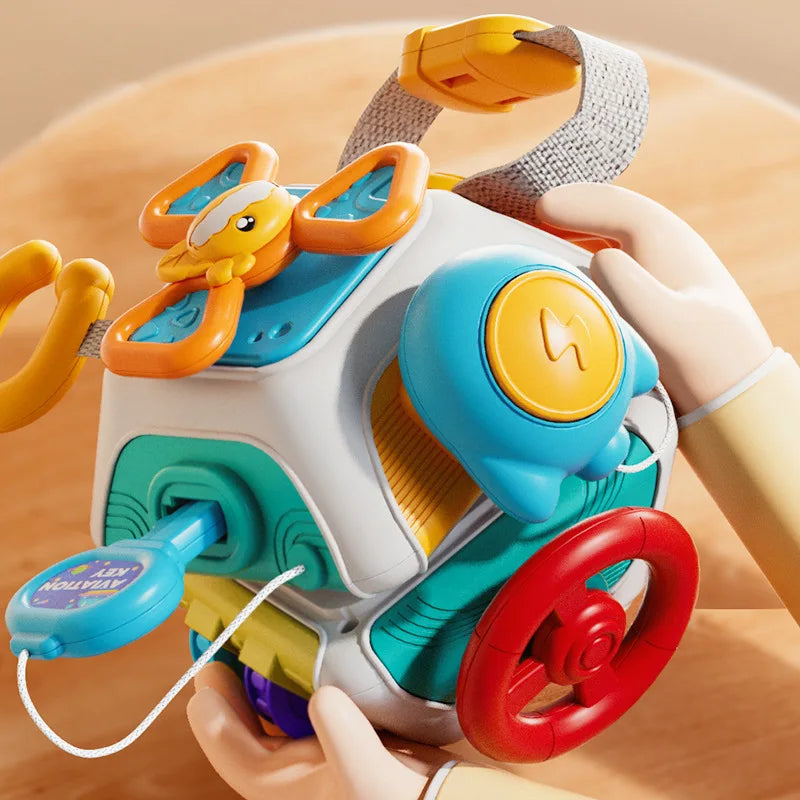 Brinquedos sensoriais Montessori, cubo de atividades