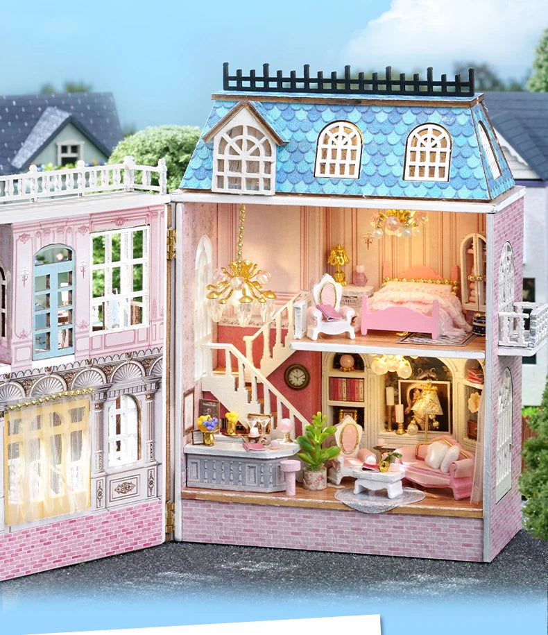 Mini casa de bonecas de madeira faça você mesmo com móveis leves